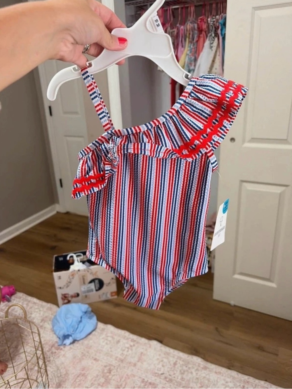 Girls' Red, White & Blue Striped One-Shoulder Swim One-Piece
